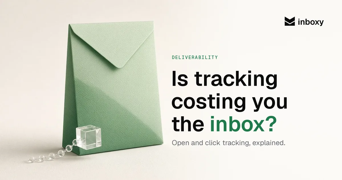 A mint-green envelope with a small glass cube and a bead chain clipped to its corner, a nod to hidden tracking pixels, beside the headline "Is tracking costing you the inbox?"