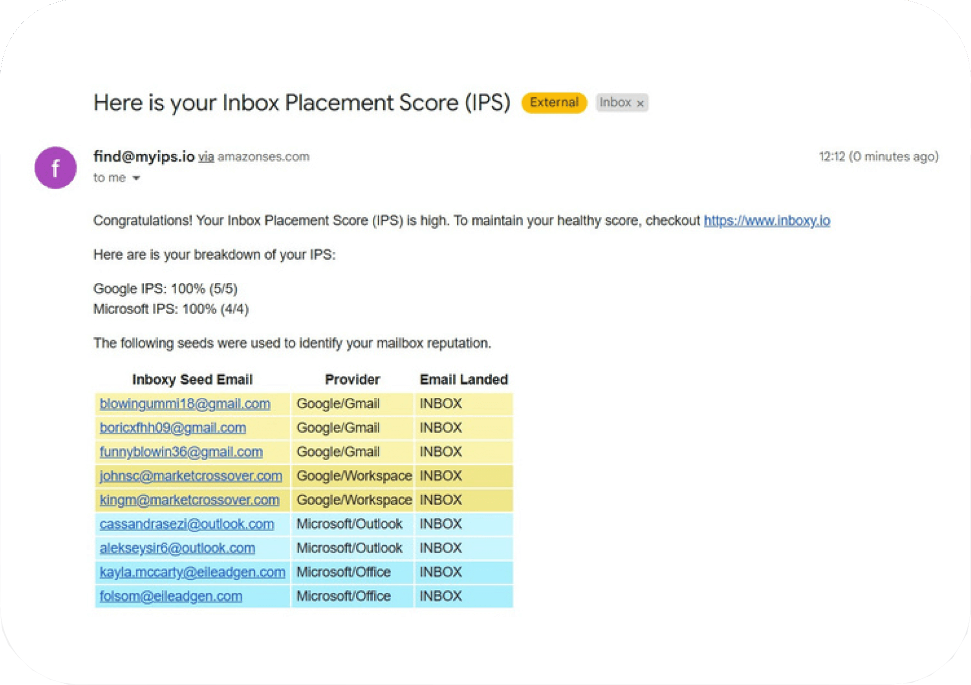Step 5: You get your Inbox Placement Score within minutes